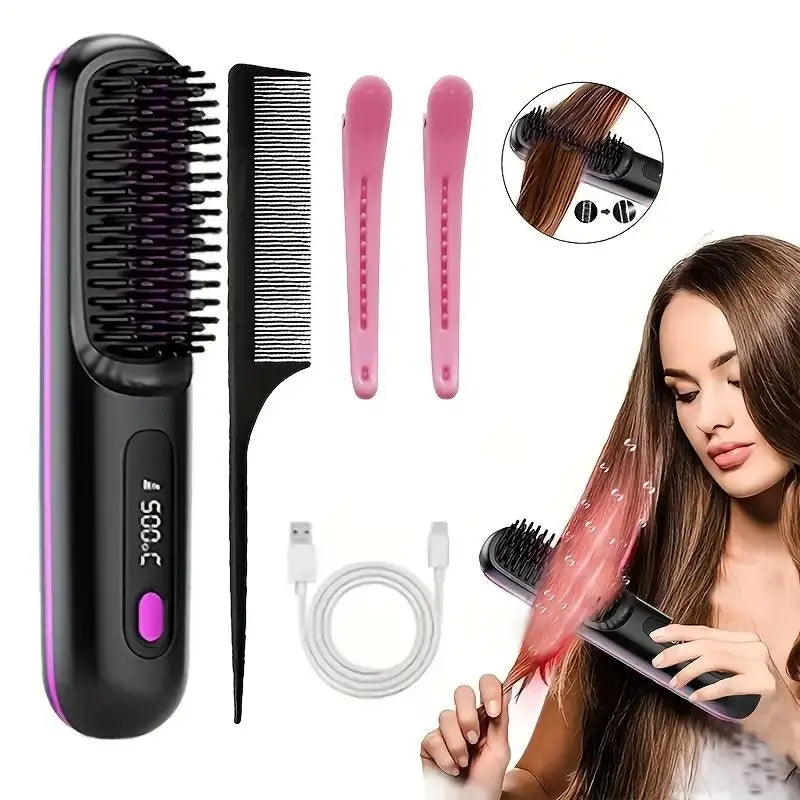 Cordless Mini Ionic Thermal Brush Straightener - Rechargeable Compact Wireless Hair Styling Tool, 3-Temperature Fast Heat Ceramic Straightener for Camping Travel (Sports & Outdoor Use)
