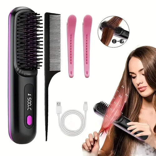 Cordless Mini Ionic Thermal Brush Straightener - Rechargeable Compact Wireless Hair Styling Tool, 3-Temperature Fast Heat Ceramic Straightener for Camping Travel (Sports & Outdoor Use)